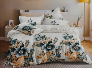 Dvigulės satino medvilnės patalynės komplektas 200x220 spalva– balta su žalsvais raštais.