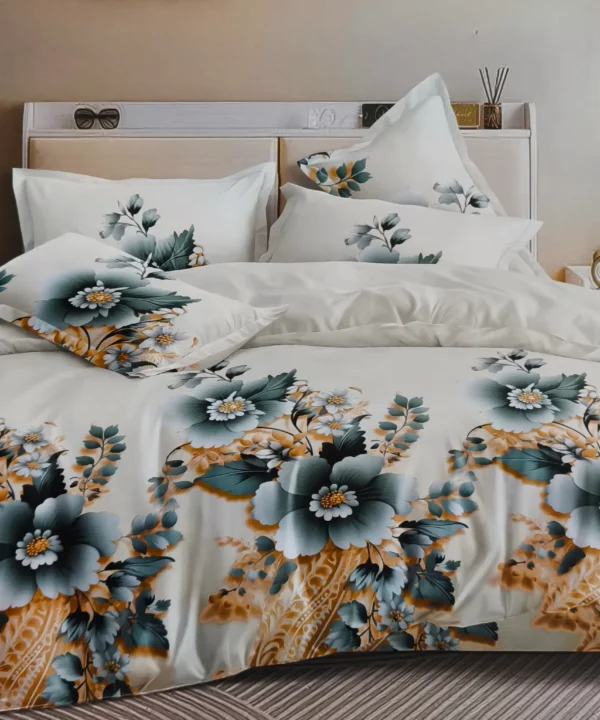 Dvigulės satino medvilnės patalynės komplektas 200x220 spalva– balta su žalsvais raštais.