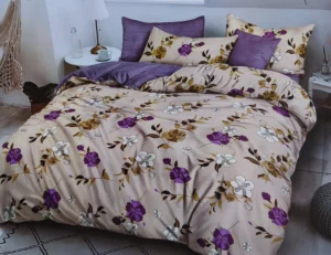 Patalynės komplektas 200×220 satino medvilnės kreminė su violetinėmis gėlėmis