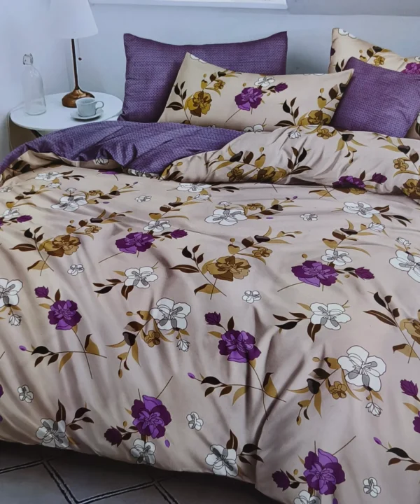 Patalynės komplektas 200×220 satino medvilnės kreminė su violetinėmis gėlėmis