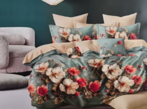 Patalynės komplektas 200×220 satino medvilnės žalia su gėlėmis