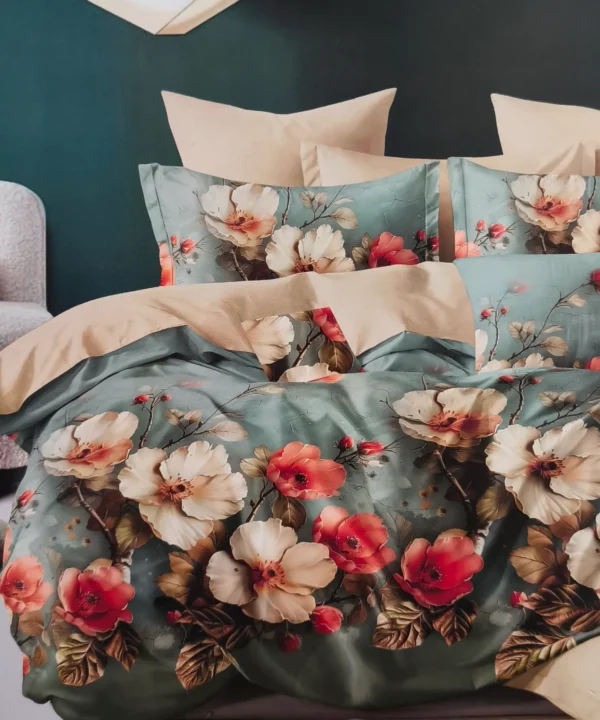 Patalynės komplektas 200×220 satino medvilnės žalia su gėlėmis