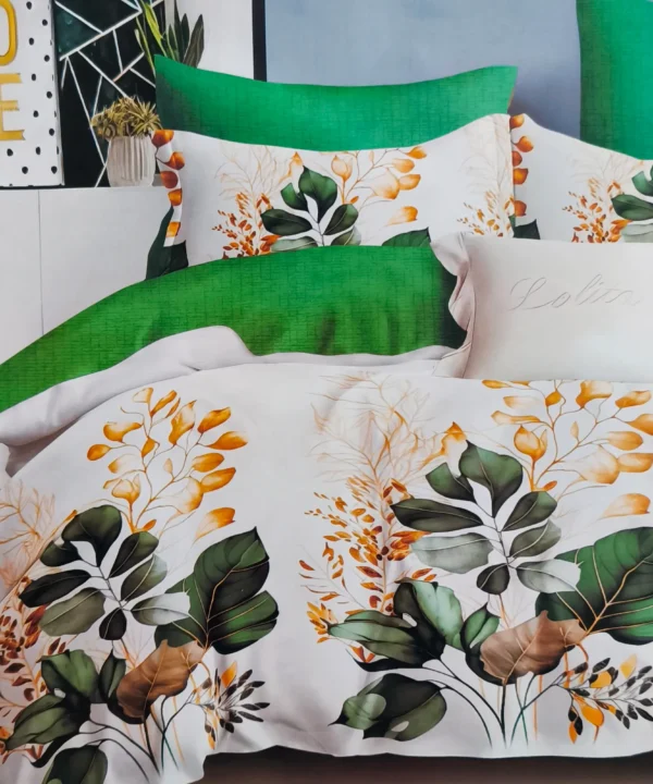 Dvigulės satino medvilnės patalynės komplektas 200×220 spalva– balta ir žalia su raštu.
