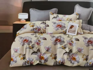 Dvigulės satino medvilnės patalynės komplektas 200×220 spalva – pilka ir kreminė su raštu.