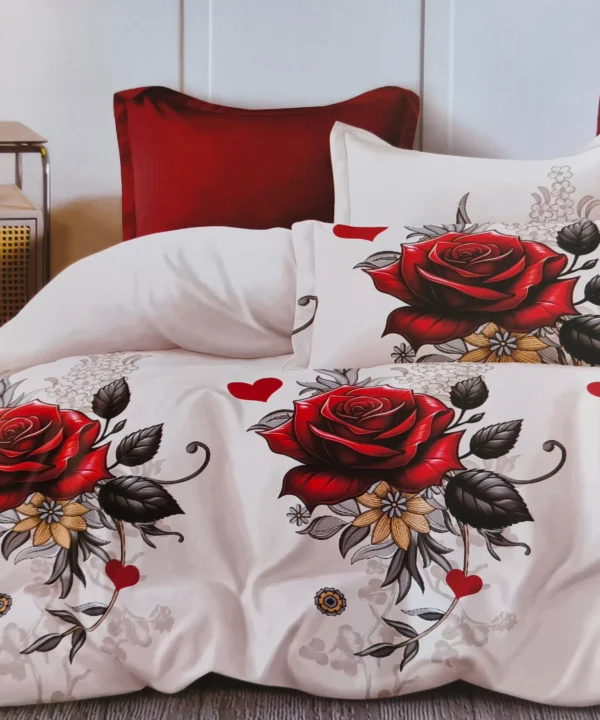 Dvigulės satino medvilnės patalynės komplektas 200×220 spalva – raudona su rožėmis.