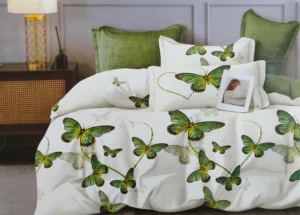 Dvigulės satino medvilnės patalynės komplektas 200×220 spalva– žalia su raštu.