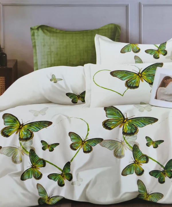 Dvigulės satino medvilnės patalynės komplektas 200×220 spalva– žalia su raštu.