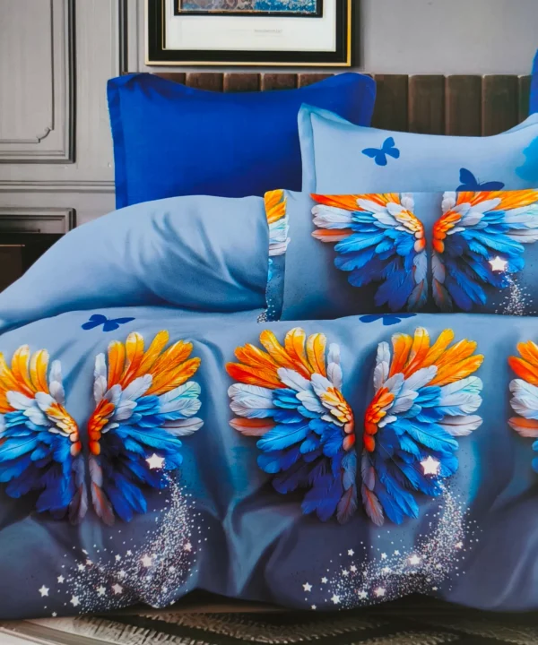 Dvigulės satino medvilnės patalynės komplektas 200×220 spalva – melsvos, margos su raštu.