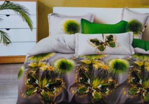 Patalynės komplektas 200×220 satino medvilnės spalva – pilka ir žalia su raštu.