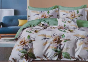 Patalynės komplektas 200×220 satino medvilnės žalia ir balta su lapais