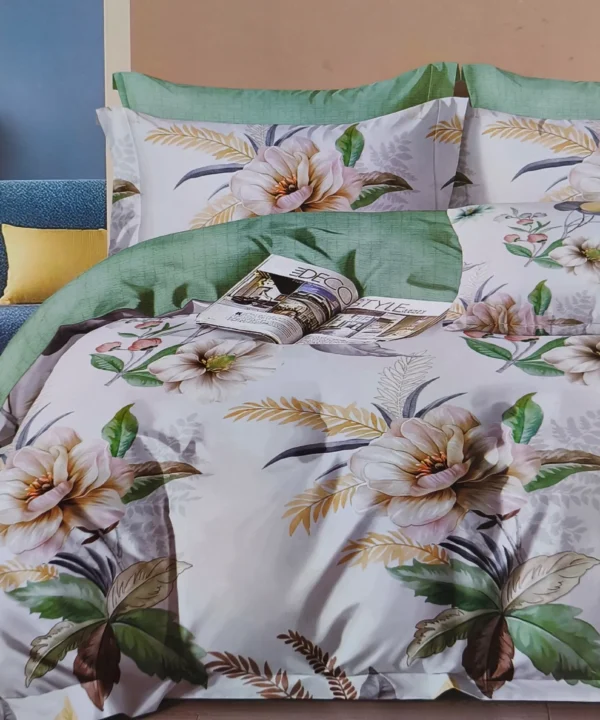 Patalynes komplektas satino medvilnes žalia ir balta 200x220 Patalynės komplektas 200×220 satino medvilnės žalia ir balta su lapais