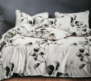 Dvigulės satino medvilnės patalynės komplektas 200x220 spalva– balta su lapais