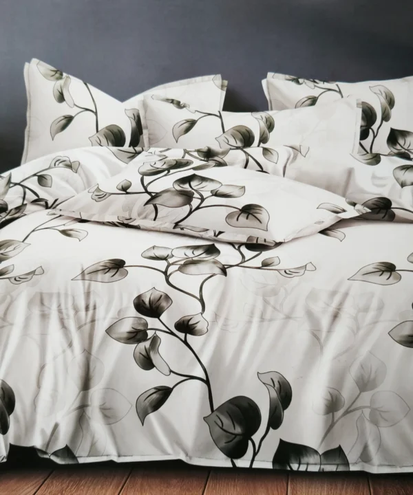 Dvigulės satino medvilnės patalynės komplektas 200x220 spalva– balta su lapais