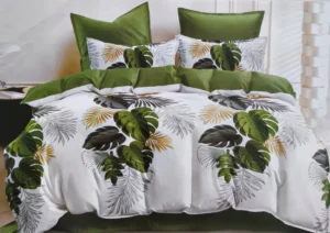 Dvigulės satino medvilnės patalynės komplektas 200×220 spalva – žalia, balta su lapais.