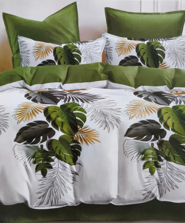 Dvigulės satino medvilnės patalynės komplektas 200×220 spalva – žalia, balta su lapais.