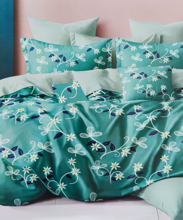 Dvigulės satino medvilnės patalynės komplektas 200x220 spalva– žalia spalva su raštu.