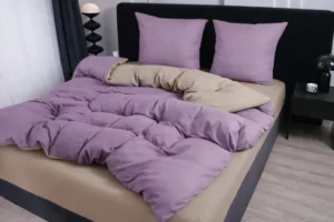 Dvigulės 100% medvilnės patalynės komplektas 200x220 spalva – alyvinė, paklodė su guma.