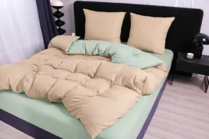 Dvigulės 100% medvilnės patalynės komplektas 200x220 spalva – kreminė, mėtinė.