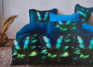 Dvigulės satino medvilnės patalynės komplektas 200×220 spalva – mėlyna, žydra su raštu.