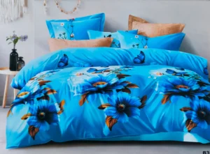 Dvigulės satino medvilnės patalynės komplektas 200×220 spalva – žydros su raštu.