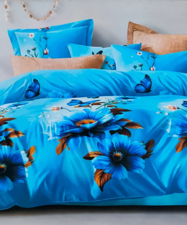 Dvigulės satino medvilnės patalynės komplektas 200×220 spalva – žydros su raštu.