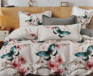 Dvigulės satino patalynės komplektas 200x220 su drugeliais