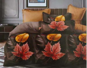 Dvigulės satino patalynės komplektas 200x220 iš medvilnės Spalva– Ruda su lapais