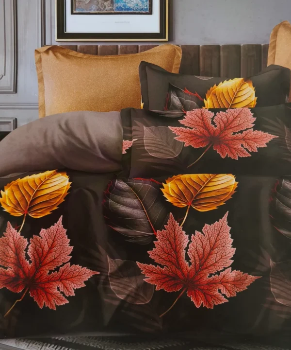 Dvigulės satino patalynės komplektas 200x220 iš medvilnės Spalva– Ruda su lapais