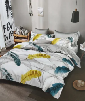 Dvigulės satino medvilnės patalynės komplektas 200x220 spalva– balta, pilka su plunksnomis