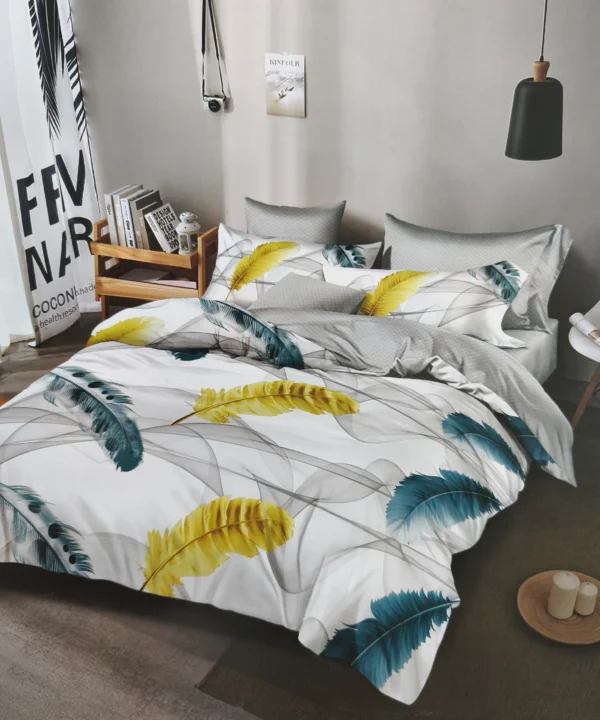 Dvigulės satino medvilnės patalynės komplektas 200x220 spalva– balta, pilka su plunksnomis