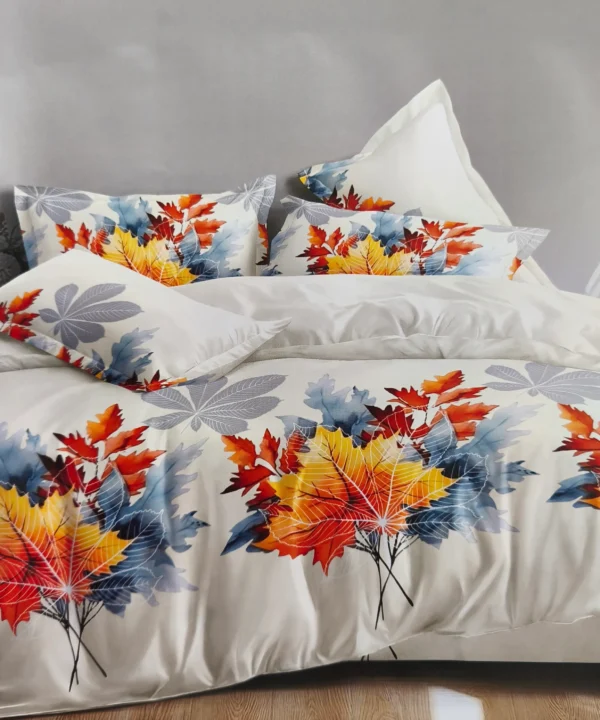 Dvigulės satino medvilnės patalynės komplektas 200x220 spalva– šviesi su lapais, rudeninis komplektas