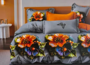 Dvigulės satino medvilnės patalynės komplektas 200×220 spalva – pilka, marga su raštu.