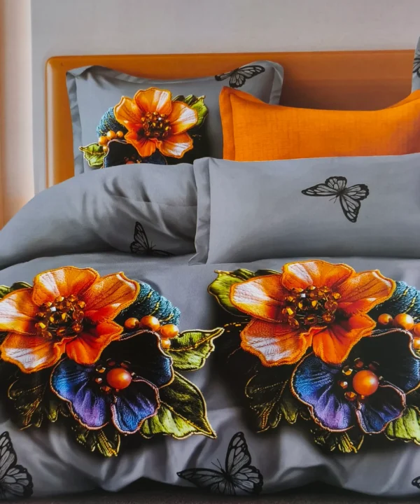 Dvigulės satino medvilnės patalynės komplektas 200×220 spalva – pilka, marga su raštu.