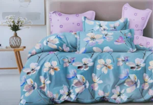 Dvigulės satino medvilnės patalynės komplektas 200×220 spalva – alyvinės, žydros.