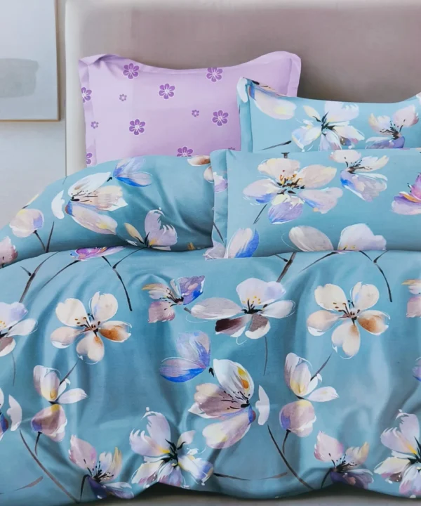 Dvigulės satino medvilnės patalynės komplektas 200×220 spalva – alyvinės, žydros.