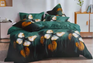 Dvigulės satino medvilnės patalynės komplektas 200×220 spalva – tamsiai žalia.