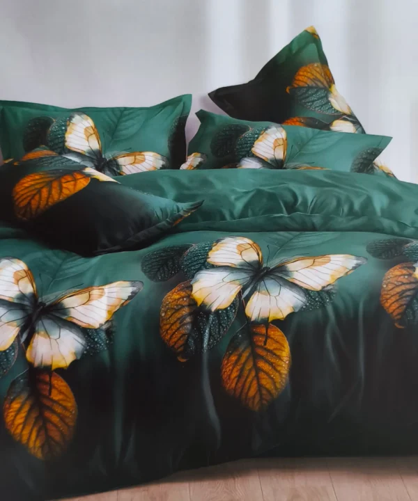 Dvigulės satino medvilnės patalynės komplektas 200×220 spalva – tamsiai žalia.