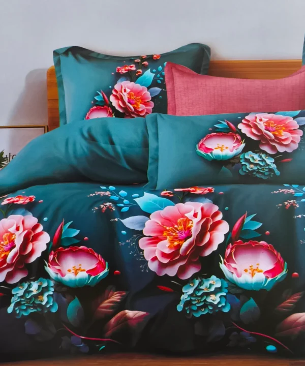 Dvigulės satino medvilnės patalynės komplektas 200×220 spalva – žalia, marga su raštu.