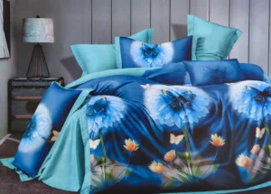 Dvigulės satino medvilnės patalynės komplektas 200×220 spalva – mėlyna su raštu.