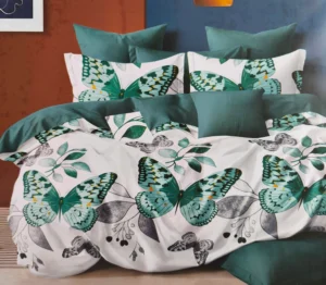 Dvigulės satino medvilnės patalynės komplektas 200x220 spalva– žalia su drugelių raštu