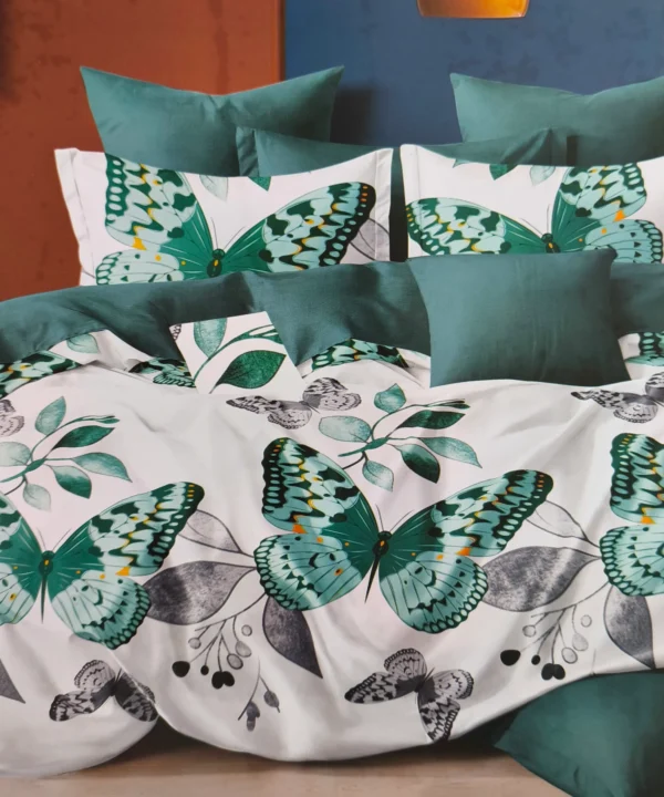 Dvigulės satino medvilnės patalynės komplektas 200x220 spalva– žalia su drugelių raštu