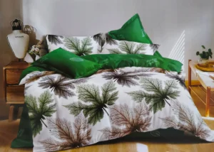 Dvigulės satino medvilnės patalynės komplektas 200×220 spalva – žalia su lapais.
