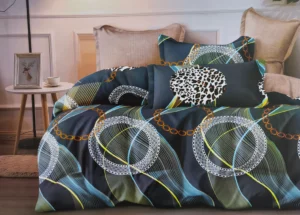 Dvigulės satino medvilnės patalynės komplektas 200×220 spalva – tamsiai žalia, marga.