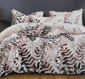 Dvigulės satino medvilnės patalynės komplektas 200×220 spalva – balta su tamsiais lapais