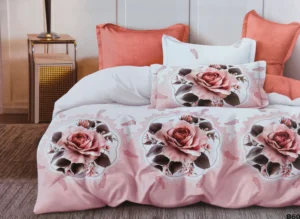 Patalynės komplektas 200×220 satino medvilnės rožine su rožėmis