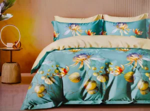 Dvigulės satino medvilnės patalynės komplektas 200×220 spalva – mėtinė ir kreminė su raštu.