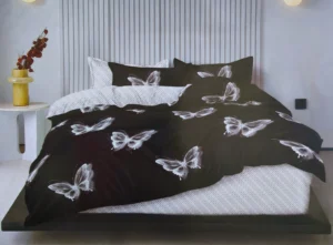 Patalynės komplektas 200×220 satino medvilnės juoda su drugeliais