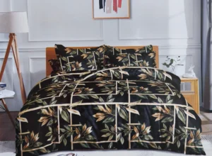 Patalynės komplektas 200×220 satino medvilnės juodas su lapais